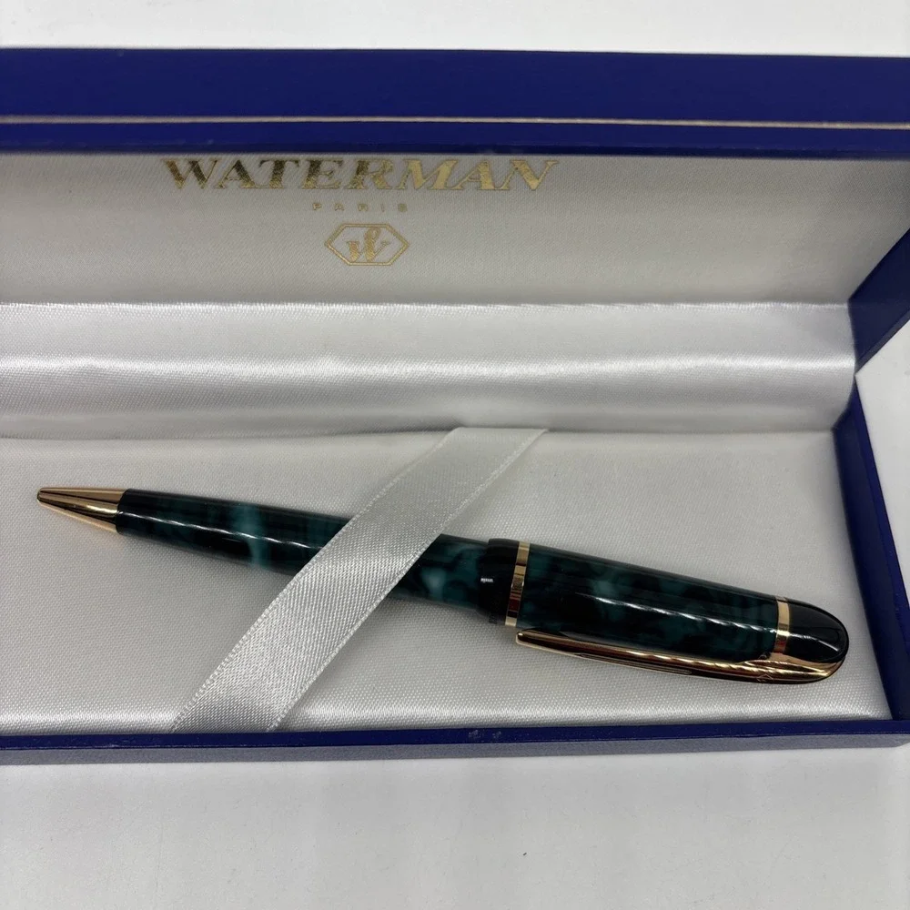 Waterman Phileas Ballpoint Pen Marble Green Gold Trim Blue Ink Vintage 90s